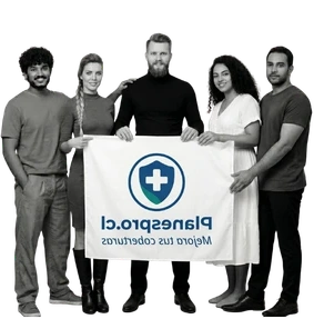 Equipo de PlanesPro protegiendo a una familia con un escudo de salud.